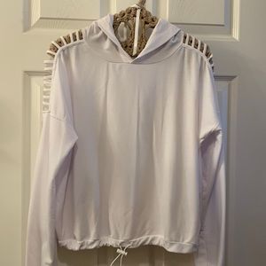 FOREVER 21 SPORTS WHITE HOODIE OPEN SHOULDERS SZ M POLY-KNIT DRAW-BOTTOM